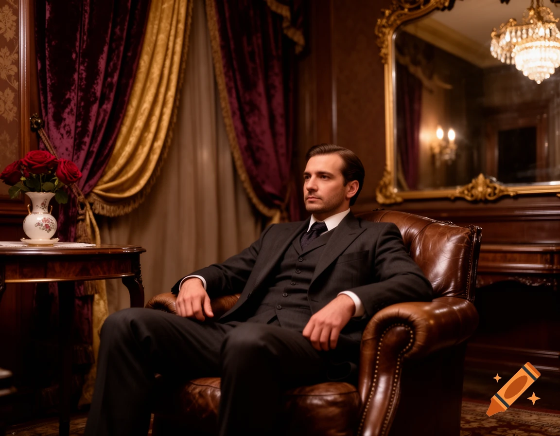 A well-dressed man in a dark suit sits in a leather armchair in a lavish, dimly lit room with velvet curtains and a gilded mirror.