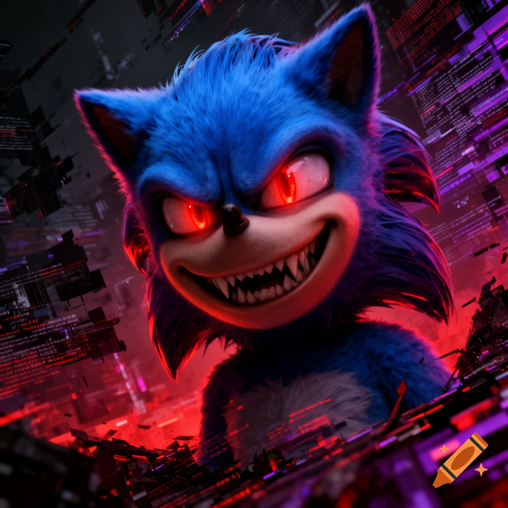 A menacing, blue, furry Sonic.exe character with red glowing eyes and sharp teeth grins from a dark, glitchy digital background.
