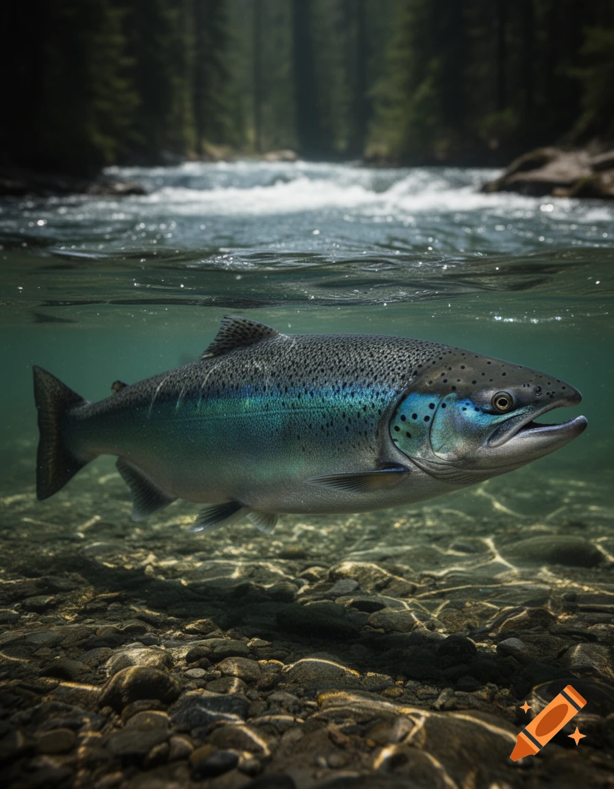 Photorealistic salmon swimming underwater in a clear river with rocky bed, forest, and rapids in the background.