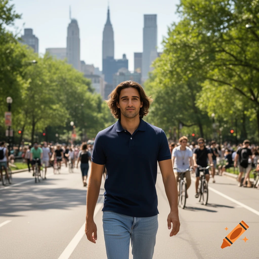 A man with long dark hair in a navy polo shirt and jeans walks down a sunny city street with trees and skyscrapers.