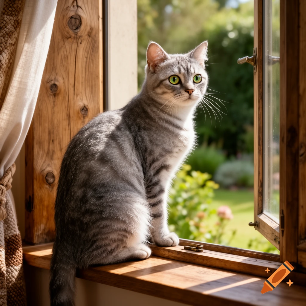 A photorealistic grey tabby cat with bright green eyes sits on a wooden windowsill, looking out an open window into a sunny garden.