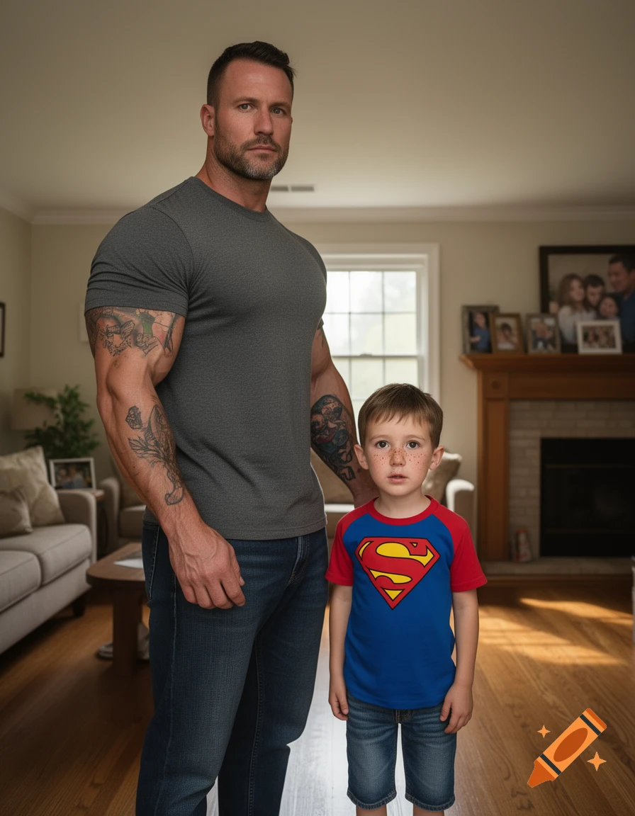 Photorealistic image of a muscular man and a young boy in a Superman shirt standing in a living room.