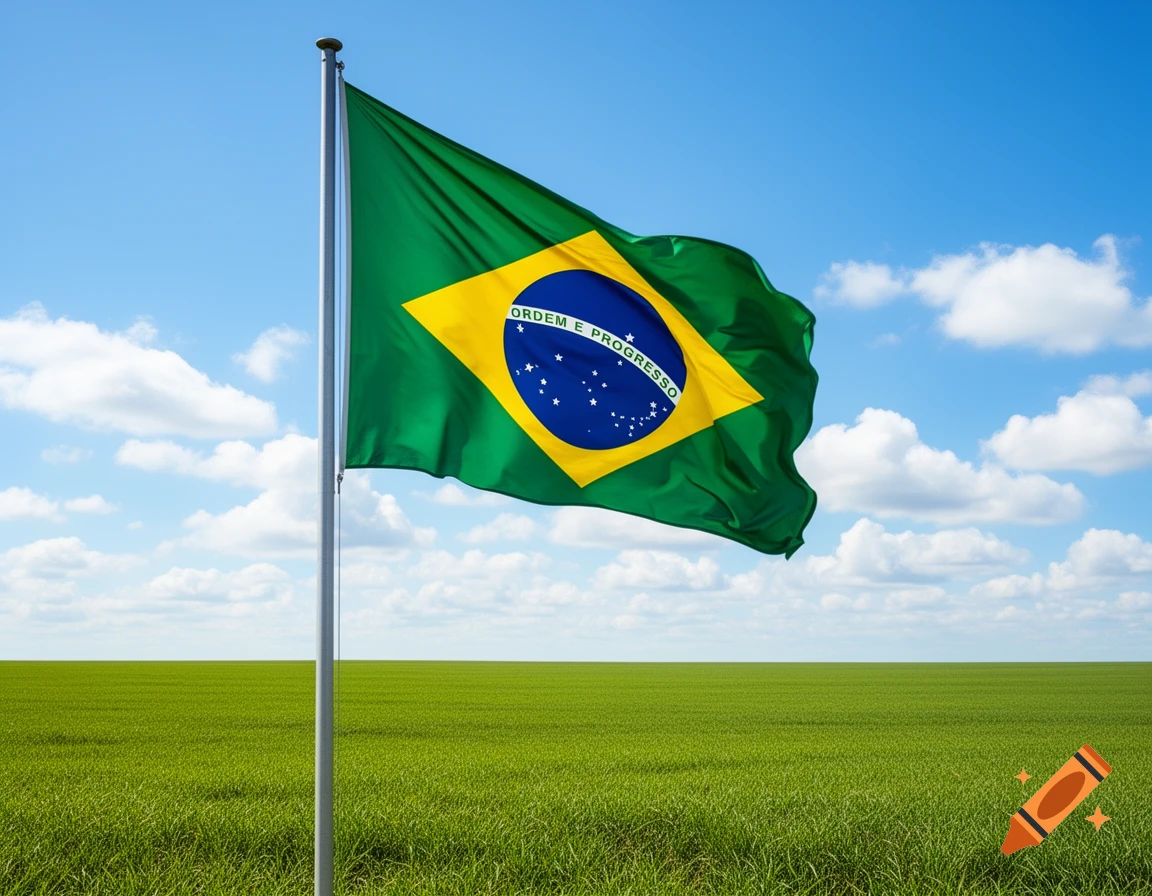 The Brazilian flag waving on a flagpole in a lush green field under a bright blue sky with white clouds.