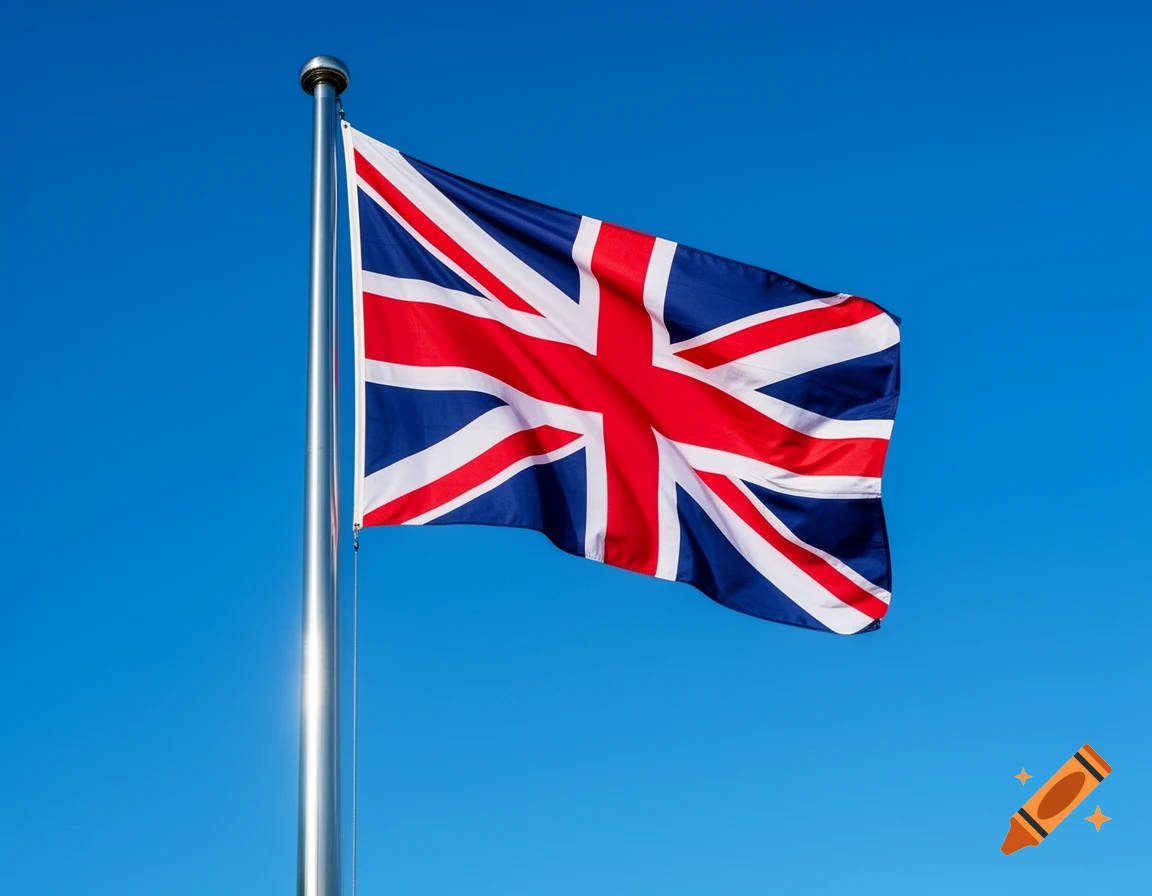 A vibrant Union Jack flag, representing the UK, waves against a clear, bright blue sky on a metal flagpole.