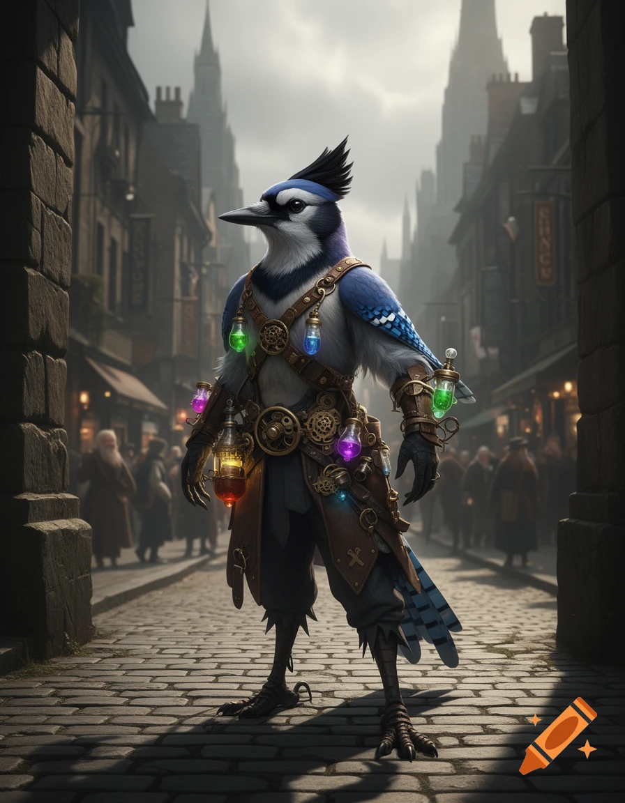 A blue jay-like kenku alchemist in a leather harness with glowing vials stands on a cobblestone street in a fantasy city.