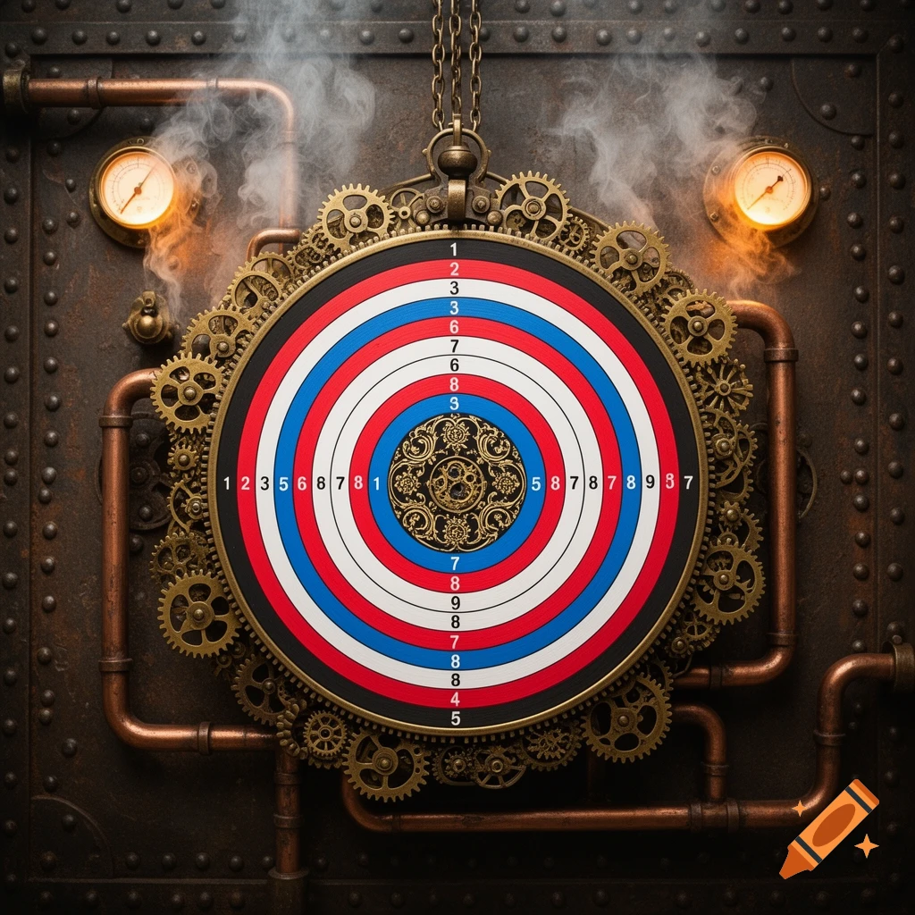 An elaborate steampunk shooting target with concentric red, white, and blue scoring rings, framed by intricate brass gears, copper pipes, and emitting steam against a riveted metal wall.