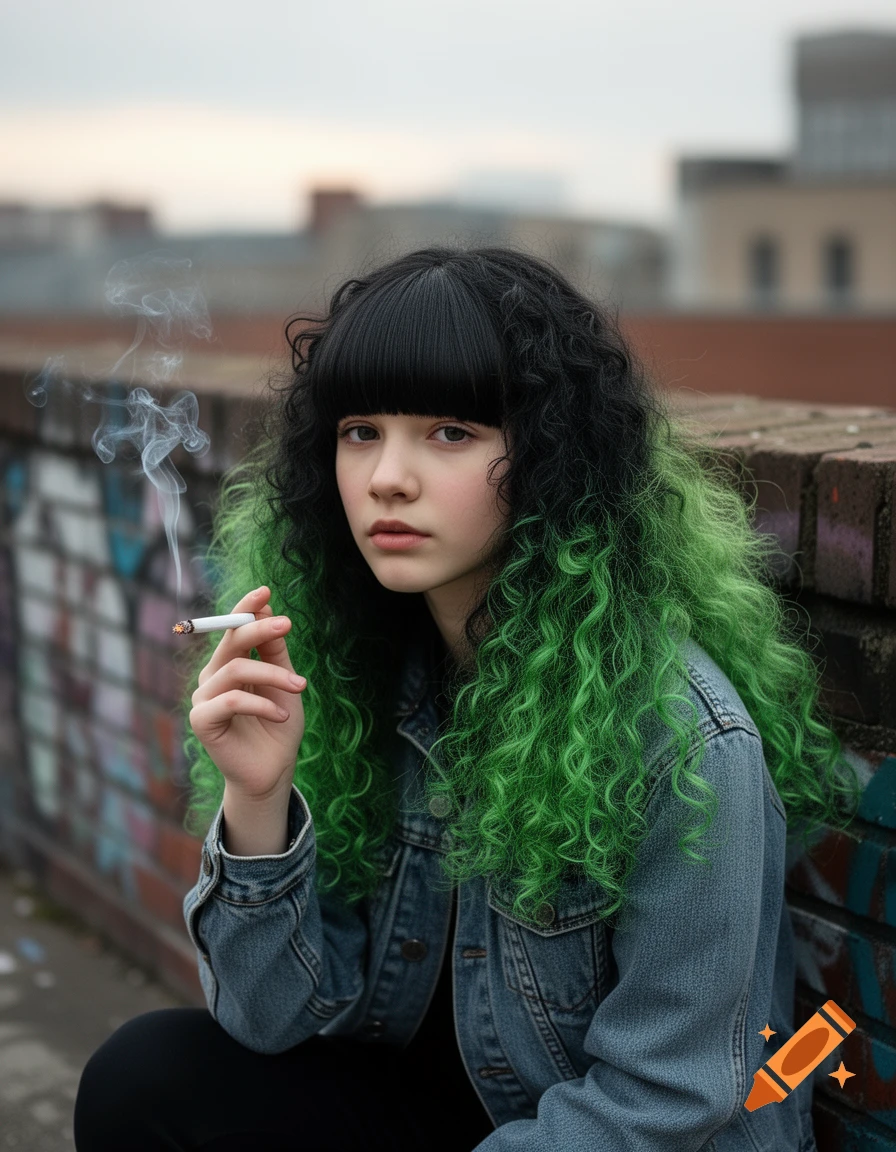 A photorealistic portrait of a girl with black bangs and long green curly hair, wearing a denim jacket, smoking a cigarette on a rooftop.