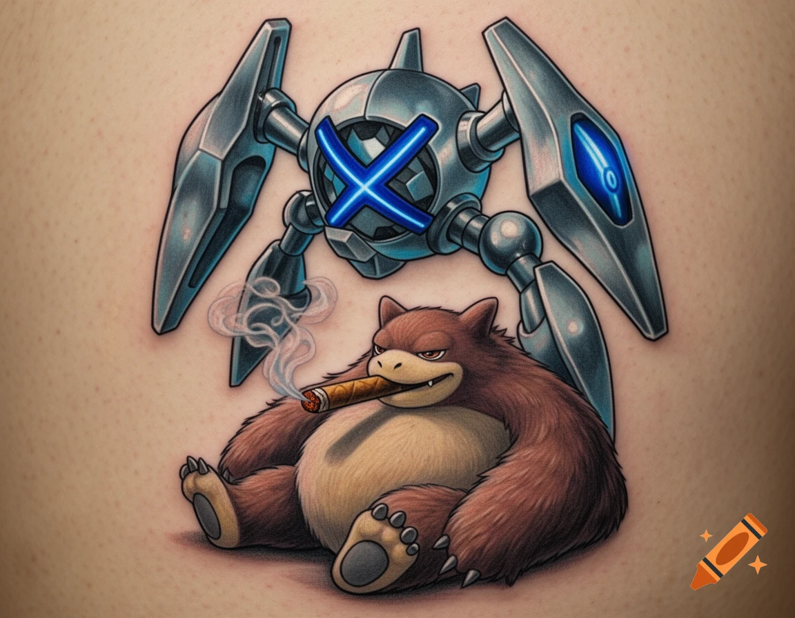 A realistic tattoo on skin featuring a metallic Metagross-like creature hovering behind a furry Slaking-like creature smoking a cigar.