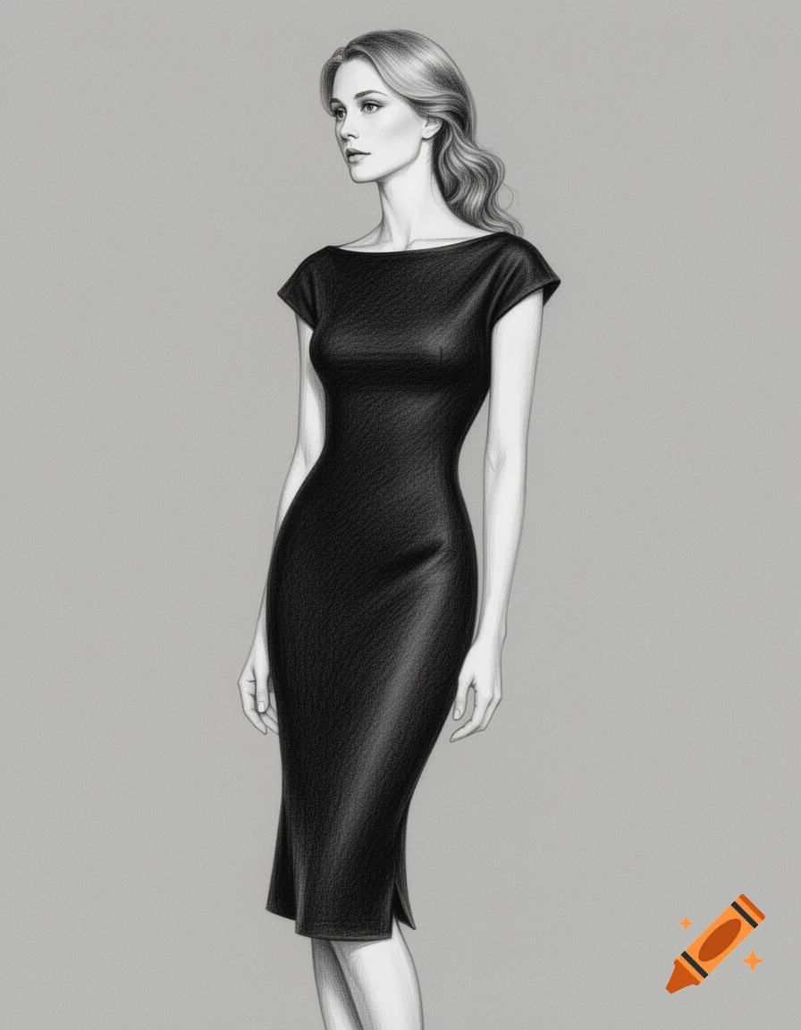Pencil drawing of a skinny woman in a black, cap-sleeved, boat-neck dress, standing against a grey background.