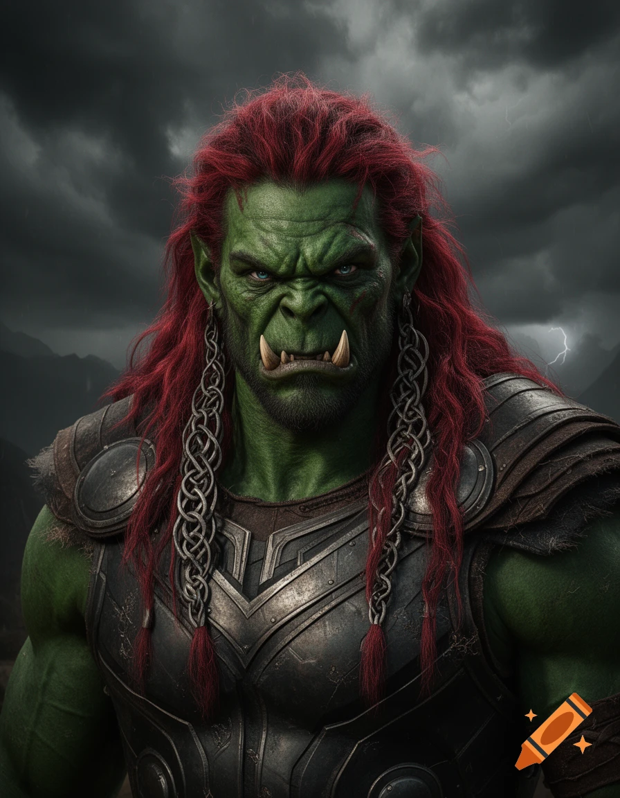 Realistic portrait of a green-skinned male orc with long red hair and tusks, wearing dark armor under a stormy sky with lightning.