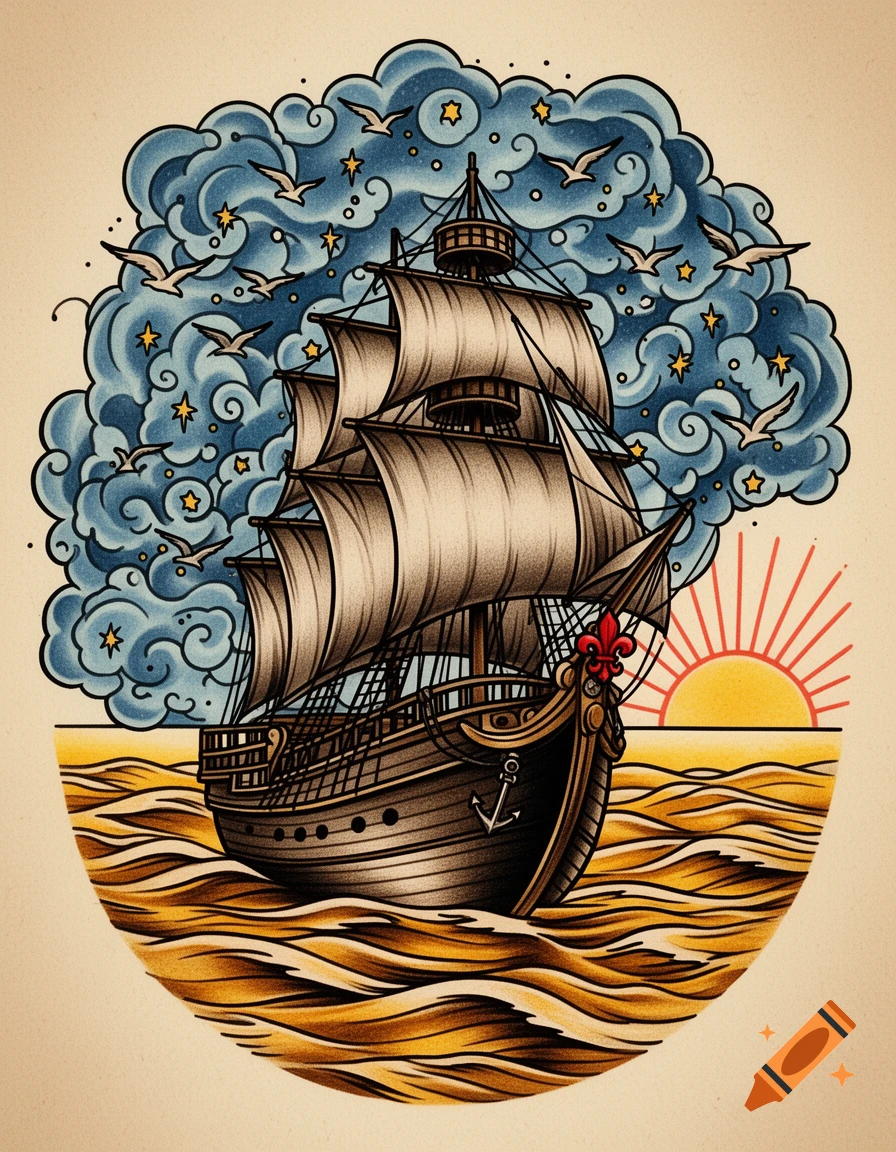 Old school tattoo style sailing ship with red fleur-de-lis and anchor, surrounded by blue clouds, birds, stars, golden waves, and a rising sun.