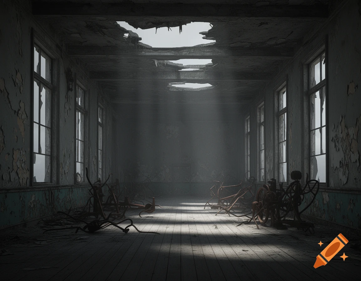 Dark, abandoned building interior with peeling paint, broken windows, and a collapsed roof, sunlight streaming onto dusty debris, creating a desolate atmosphere.
