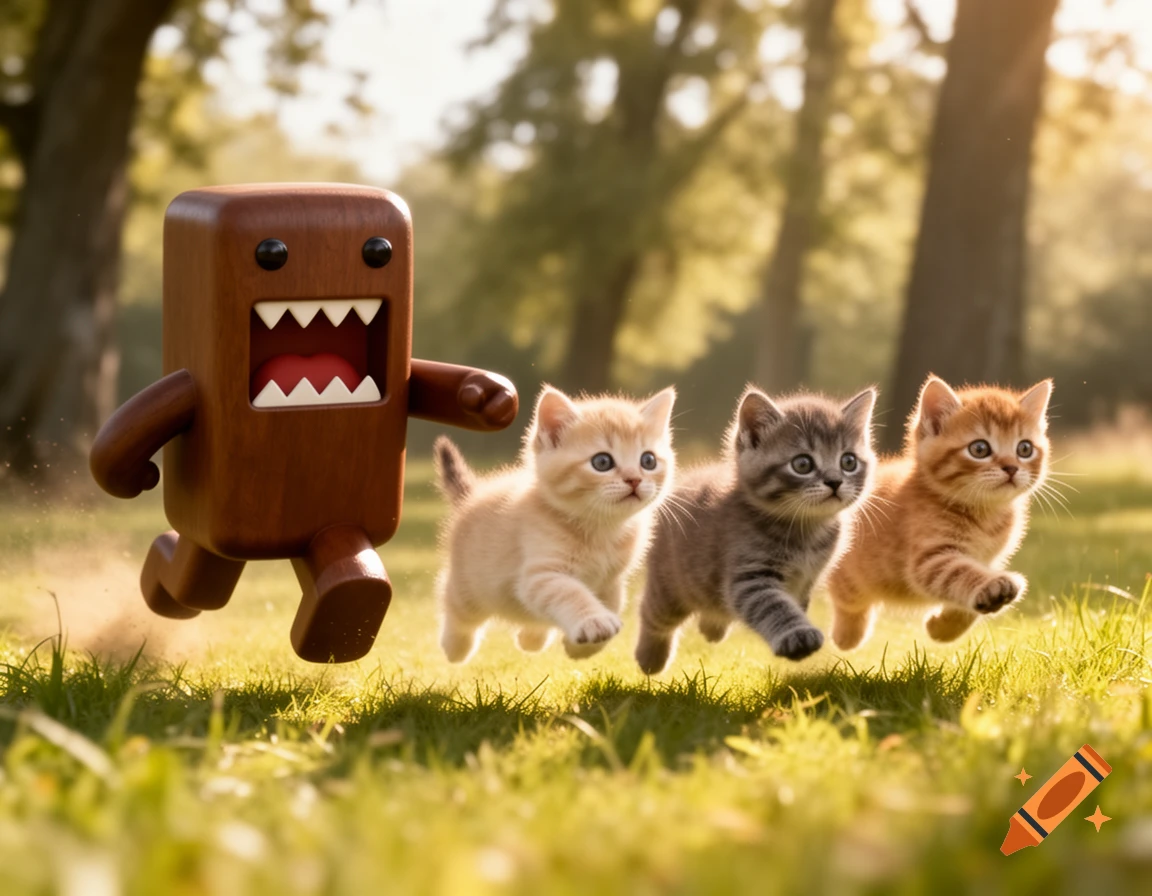 Photorealistic Domo Kun runs through a sunny, grassy field with three fluffy kittens, all in motion.