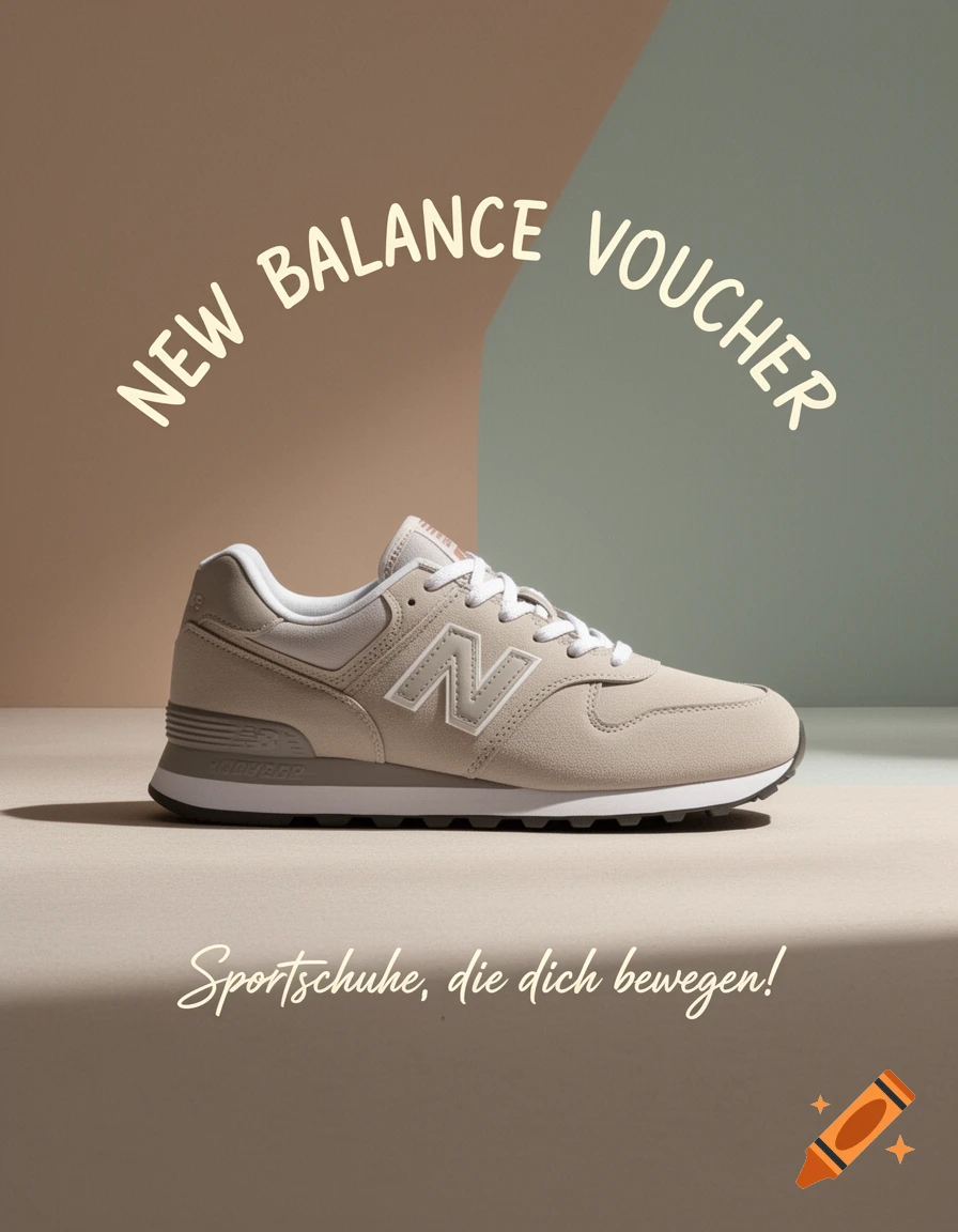 Beige New Balance sneaker in a product shot with "NEW BALANCE VOUCHER" text above and German text below.