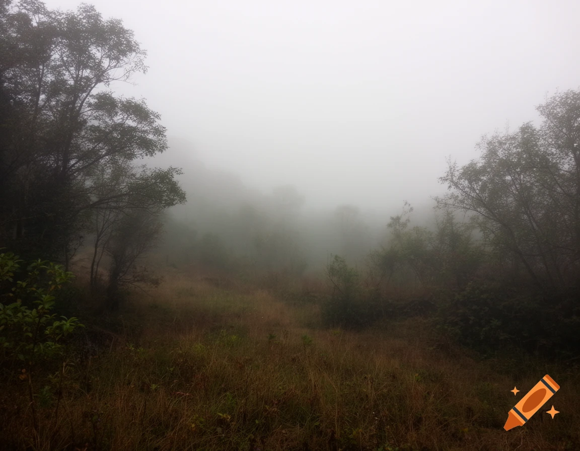 A dense fog covers a hillside with trees and dry grass, creating a mysterious atmosphere.