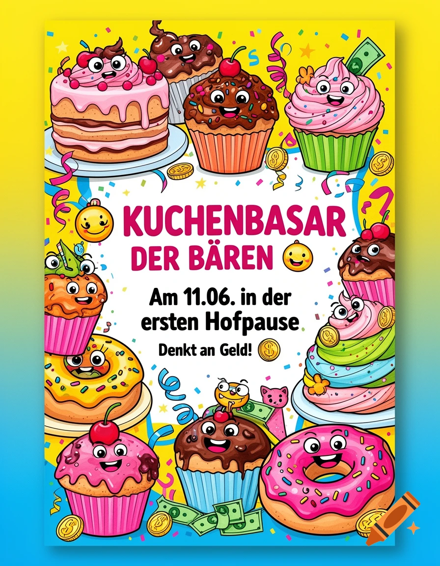 A vibrant yellow cartoon poster for a 'KUCHENBASAR DER BÄREN' (Bear's Cake Bazaar) featuring smiling cakes, cupcakes, and donuts, confetti, streamers, and money illustrations. Text reads: 'Am 11.06. in der ersten Hofpause Denkt an Geld!'