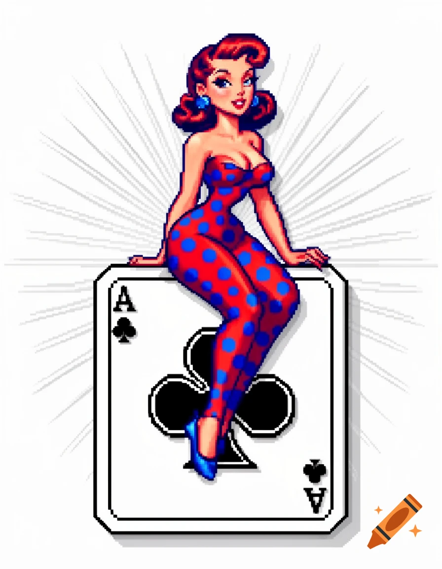 Pixel art pinup woman in a red and blue polka-dot strapless outfit sitting on an ace of clubs playing card.