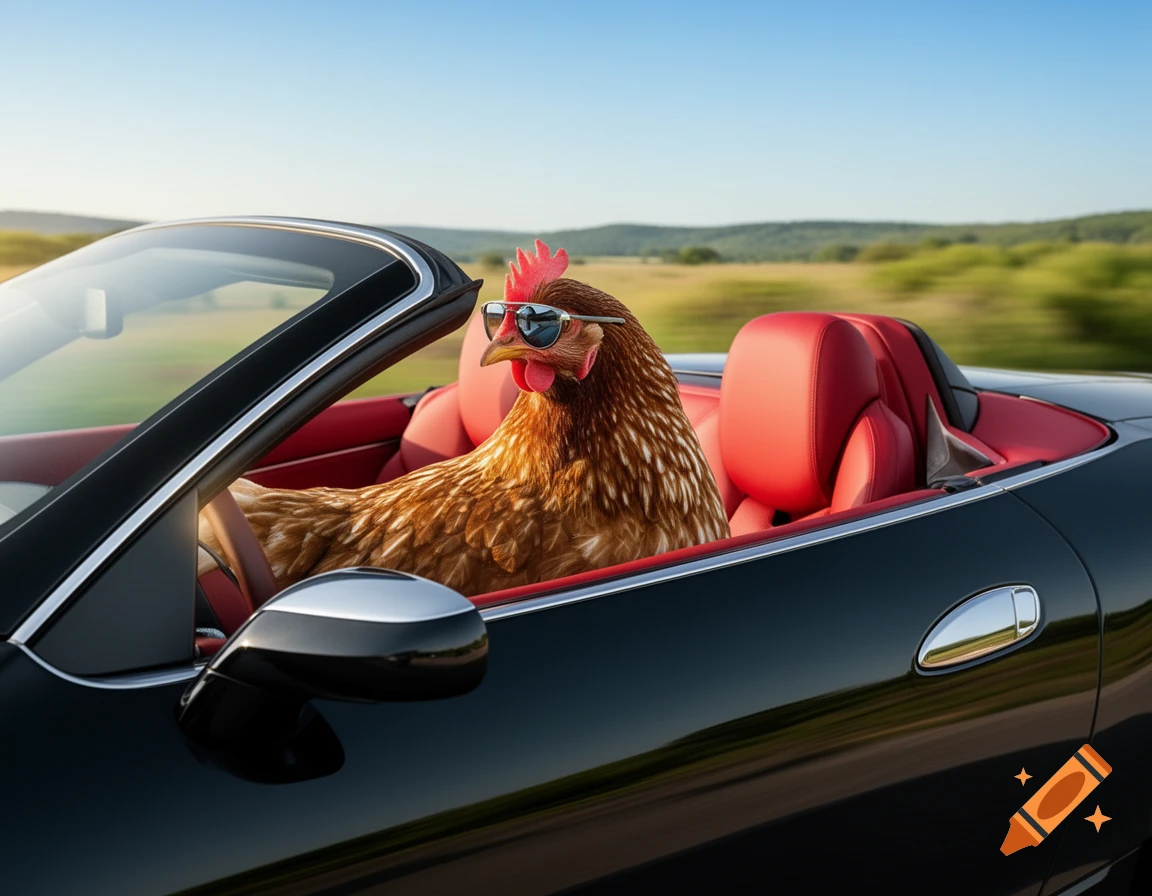 A brown chicken wearing sunglasses drives a black convertible sports car on a scenic road.