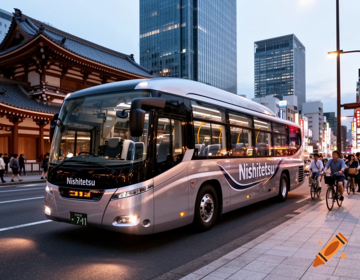 A modern silver Nishitetsu bus drives on a city street at dusk, with a traditional temple and skyscrapers in the background.