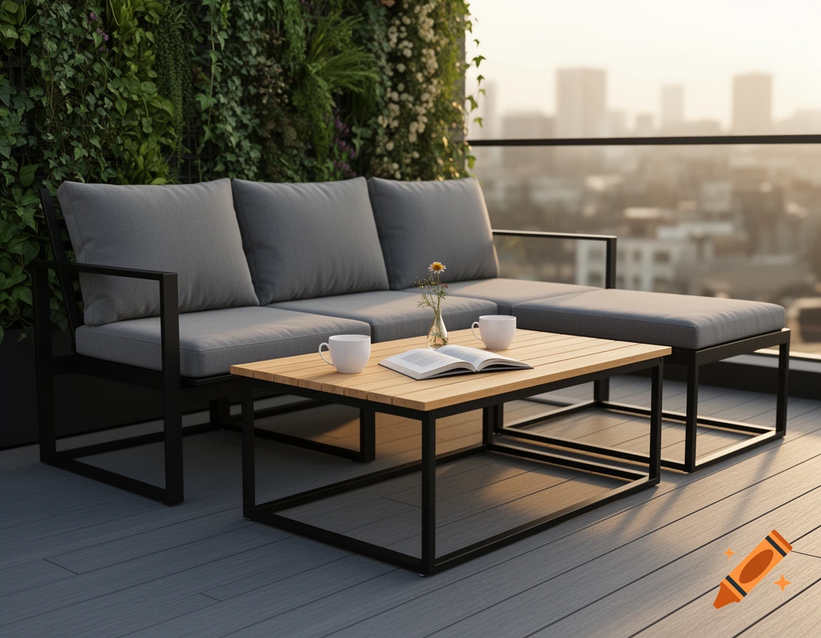 Modern outdoor L-shaped sofa and coffee table with a book and coffee cups on an urban balcony with a plant wall and city view at sunset.