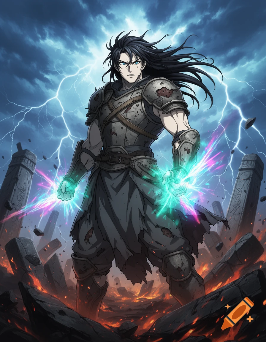 Anime warrior with black hair in worn armor, surrounded by lightning and fire in a ruined landscape.