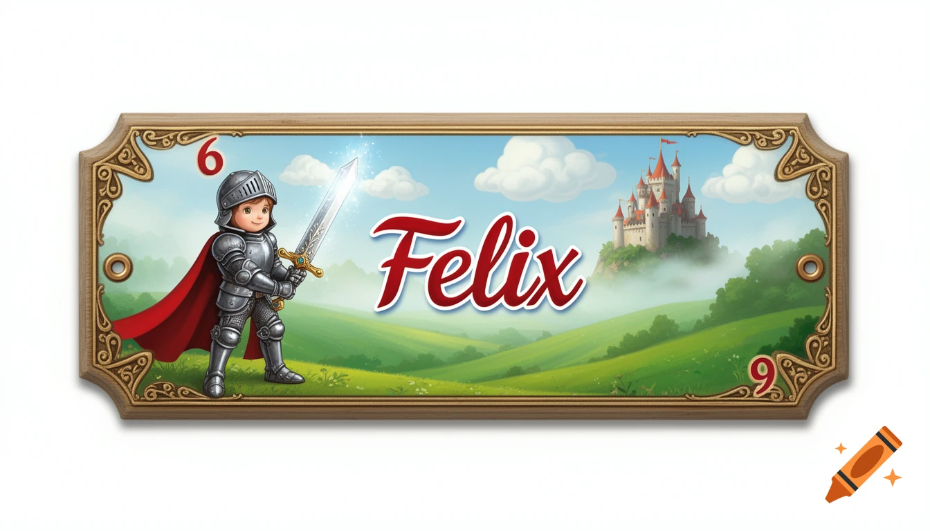 A stylized nameplate featuring a cartoon knight in shining armor with a red cape and sword, standing in a green field with a castle. The name "Felix" and the number "6" are visible.