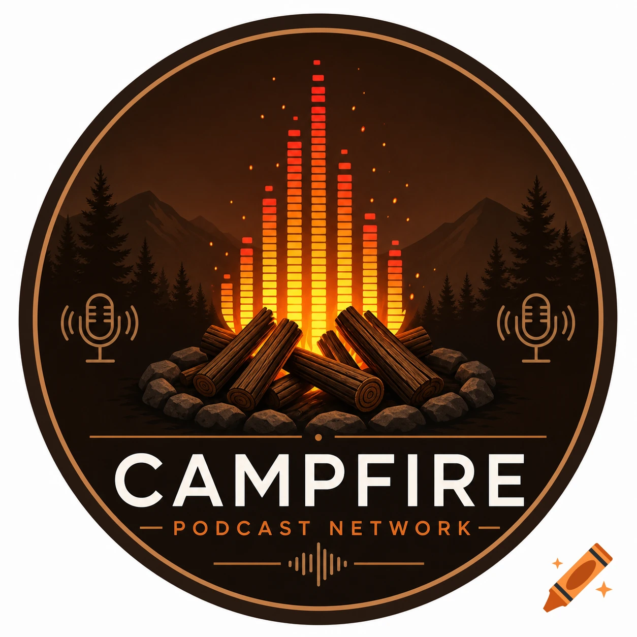 Round logo for Campfire Podcast Network with a stylized campfire, digital VU meter flames, microphones, pine trees, and mountains.