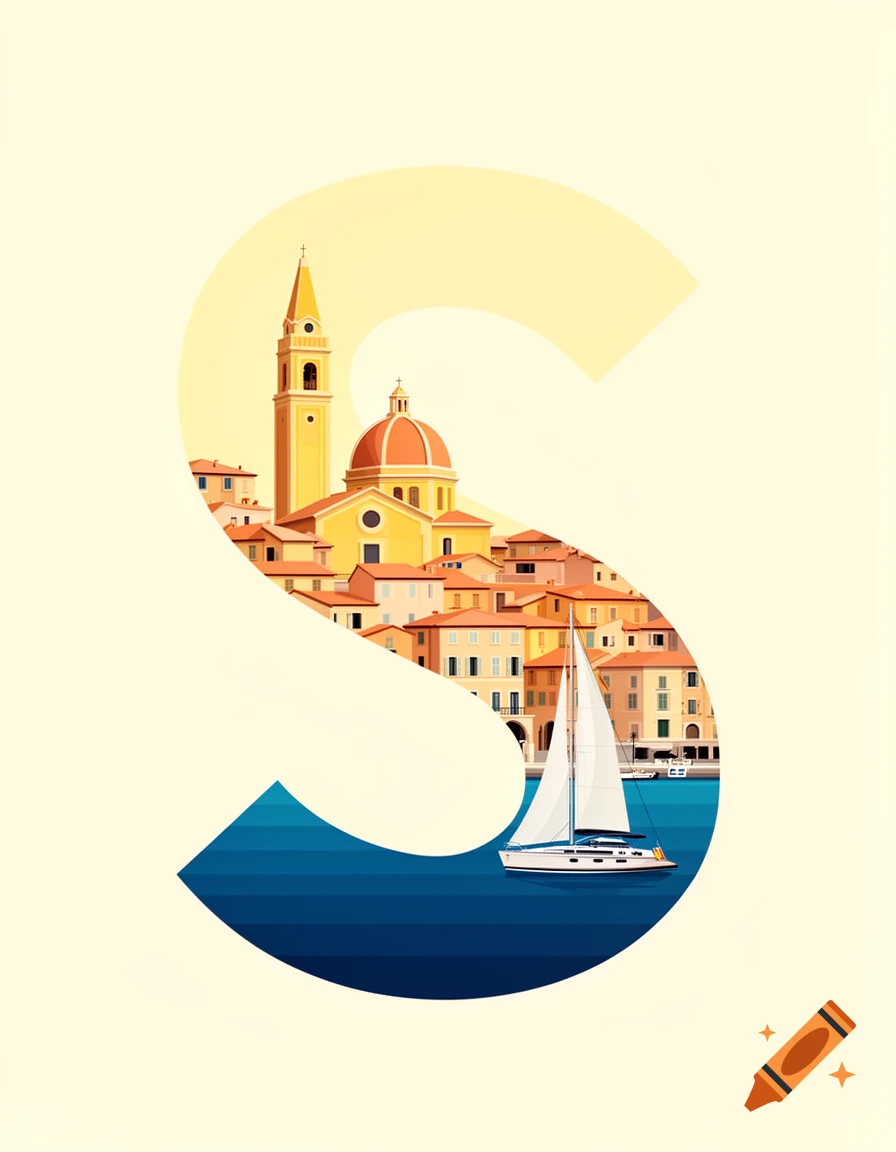 Minimalist flat design illustration of a Mediterranean village and harbor with a church tower and sailboat, forming a capital letter S.