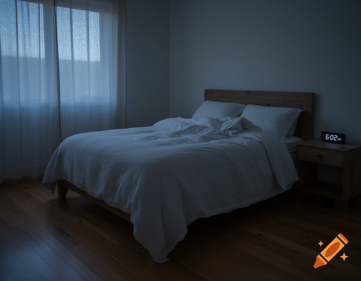 A dimly lit bedroom with an unmade bed and a glowing alarm clock on a nightstand showing 6:02 AM.