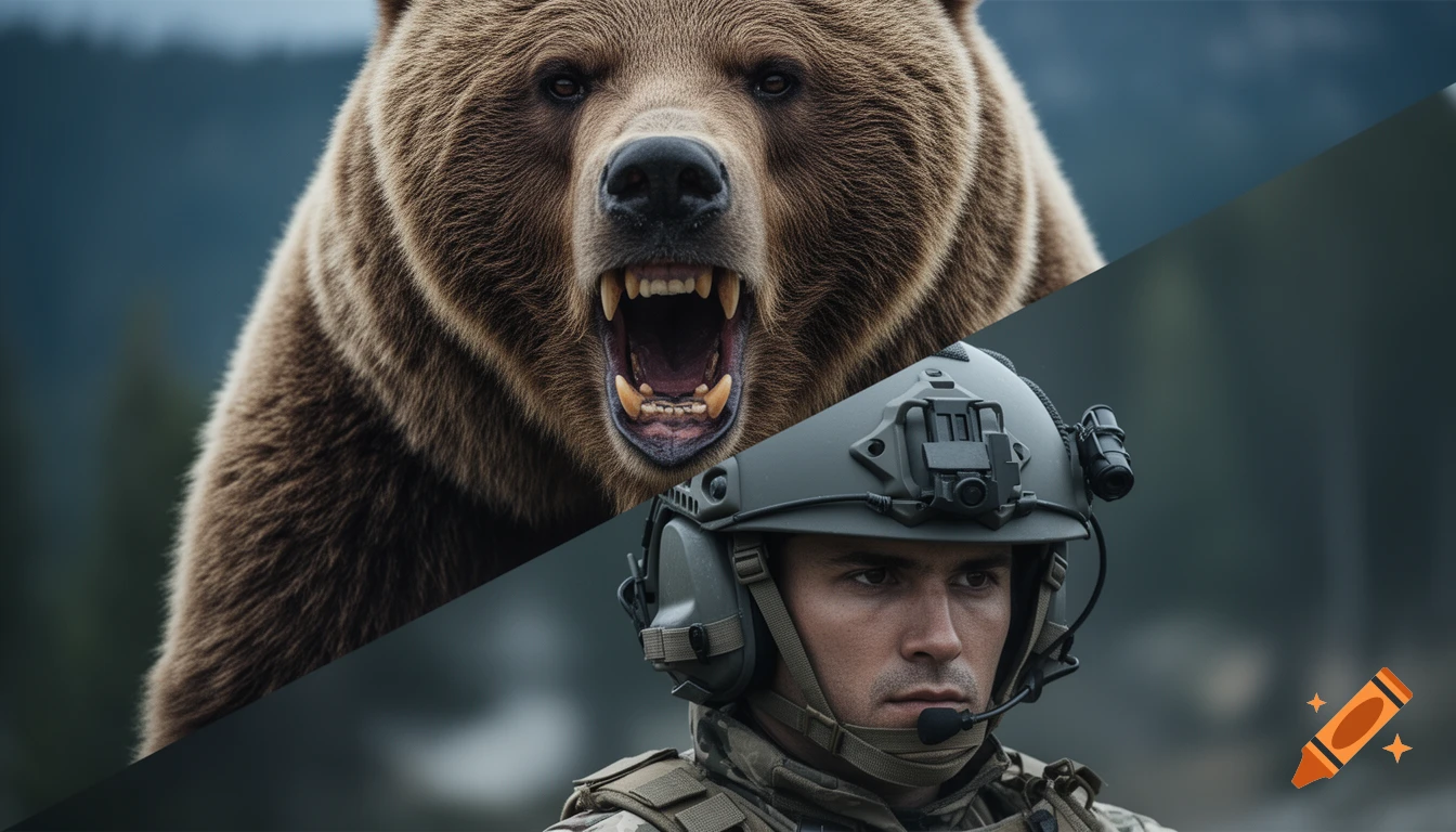 A diagonal split image shows a roaring grizzly bear in the upper part and a tactical soldier with a helmet in the lower part.
