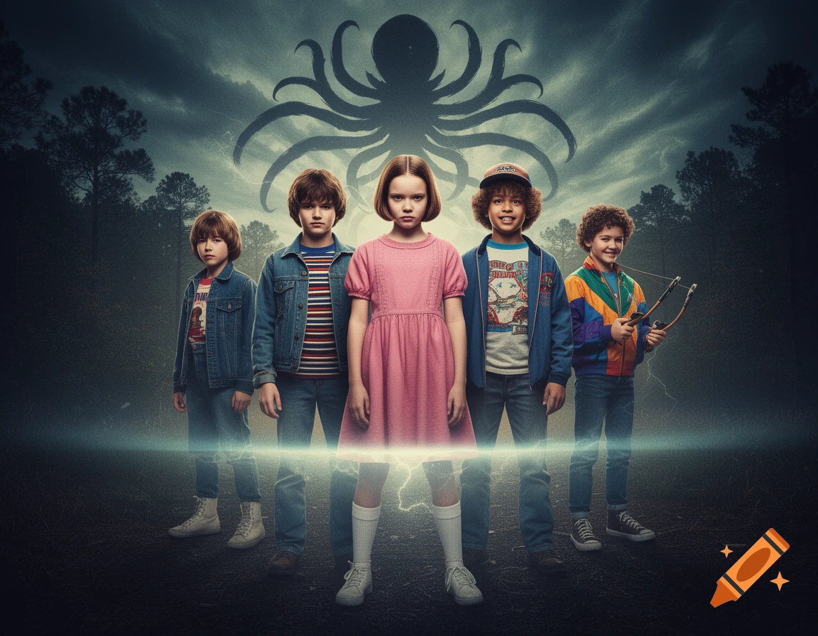 A group of children, resembling characters from Stranger Things, stand in a dark forest with a large, ominous tentacled creature in the stormy sky.