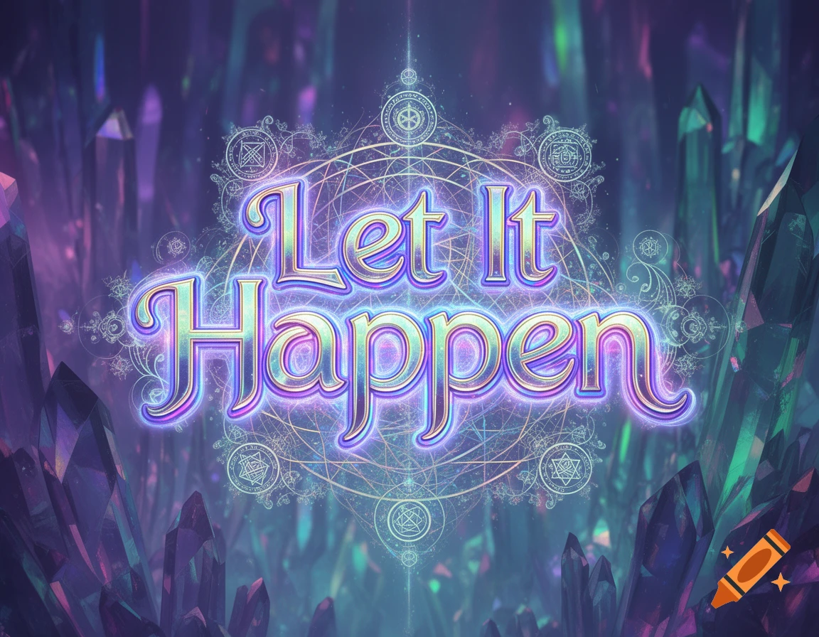 Glowing 'Let It Happen' text in a vibrant purple and teal crystal cave with mystical symbols.