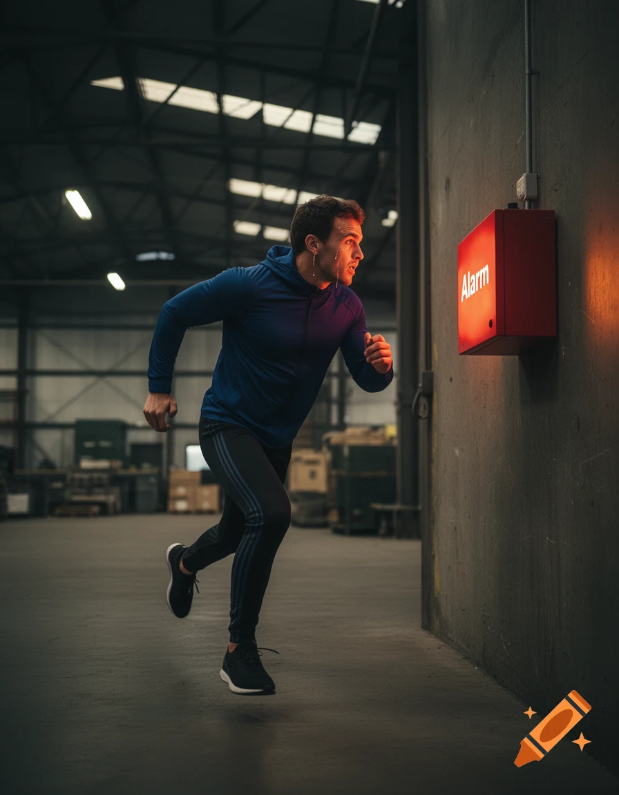 A man in a blue hoodie and dark athletic pants runs past a red 'Alarm' box in a large, dimly lit warehouse.