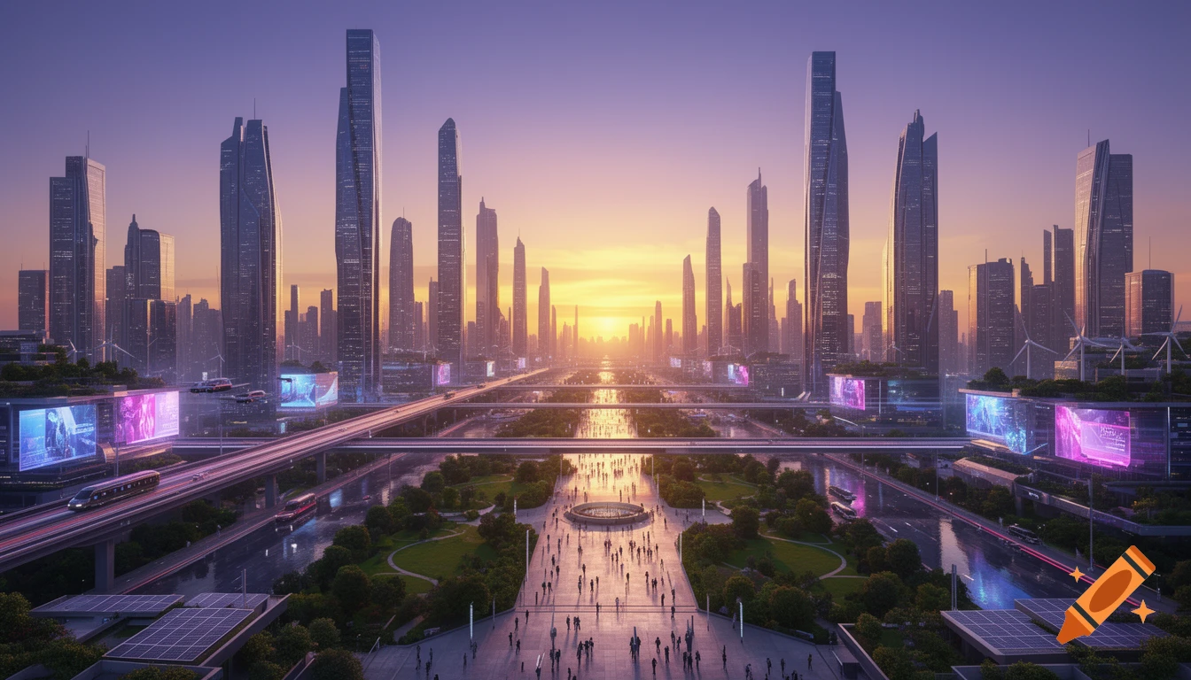 A breathtaking futuristic cityscape at sunrise, with gleaming skyscrapers, elevated highways, flying cars, and a bustling central plaza.