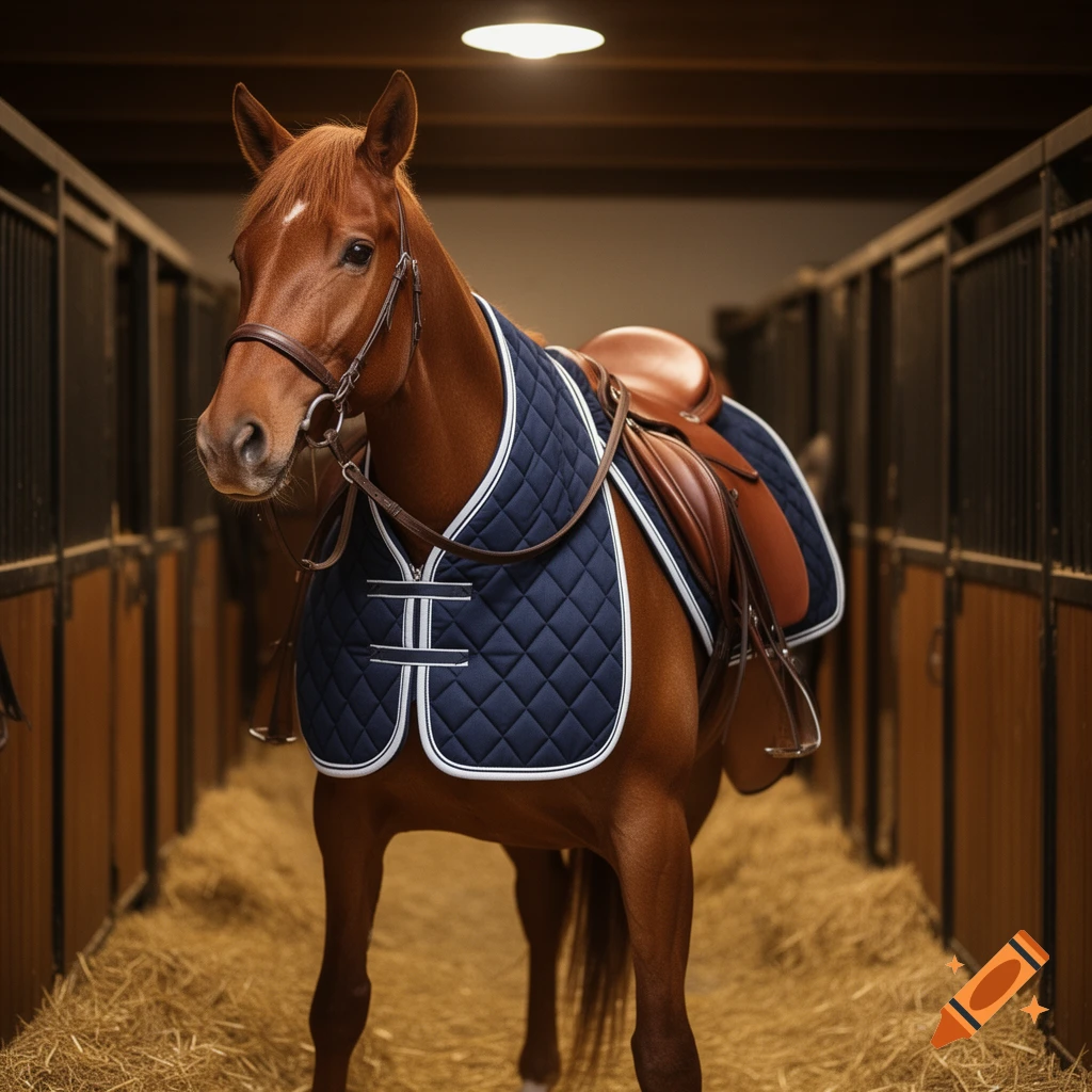 A brown horse with a white blaze wears a blue quilted saddle pad, a brown saddle, and bridle, standing in a stable aisle filled with hay.