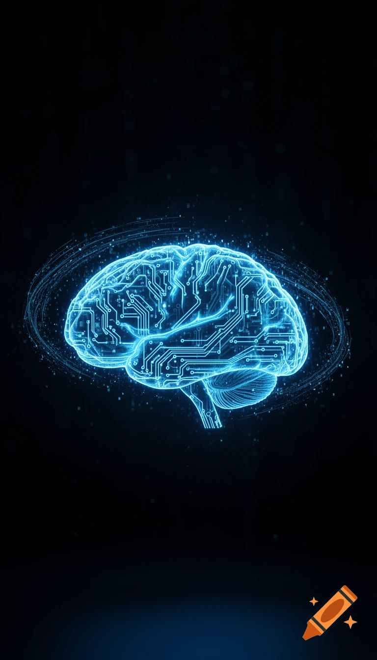 A glowing neon blue futuristic brain with circuit board patterns, surrounded by digital particles on a dark background.