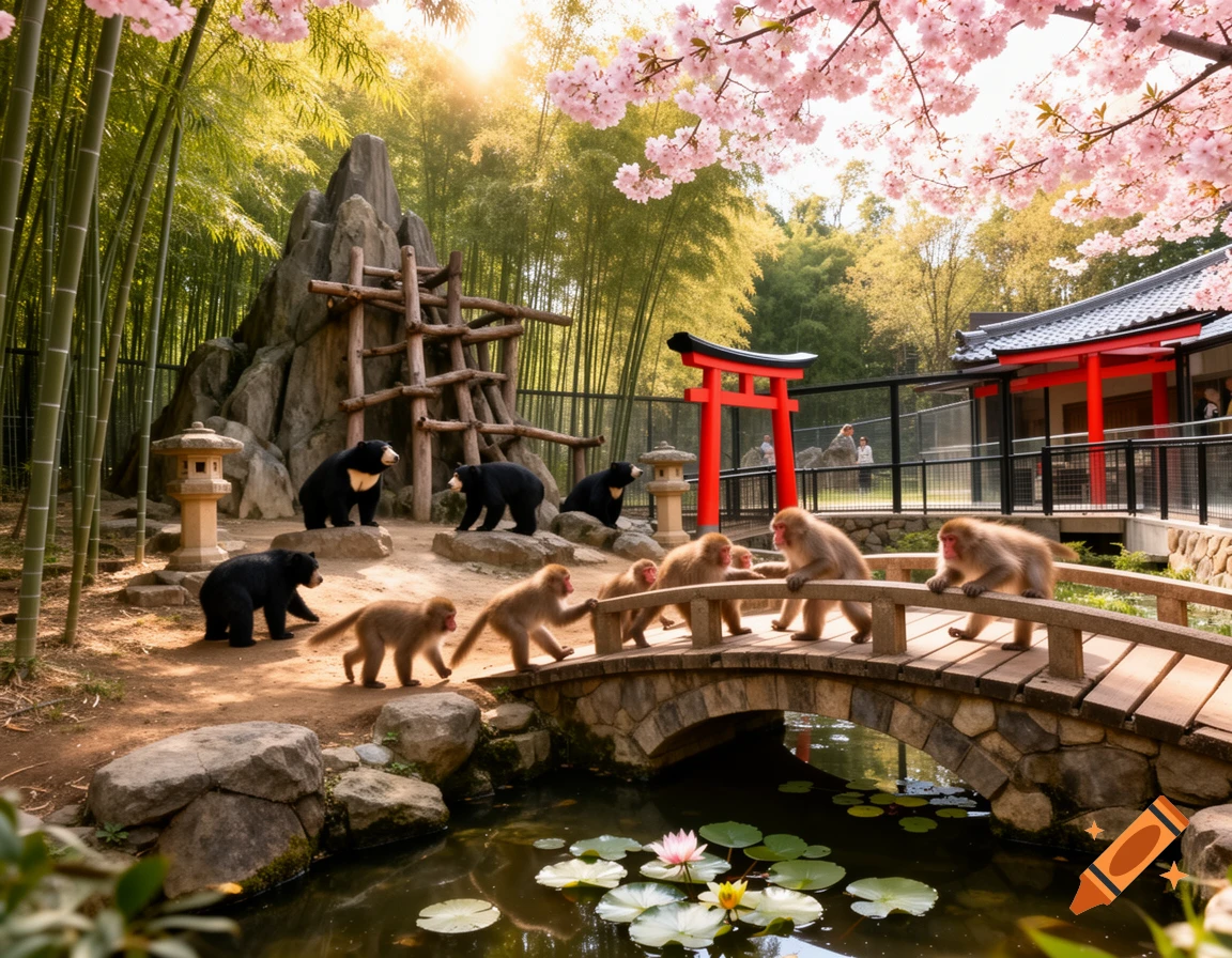 Japanese macaques on a wooden bridge over a pond, with bears in a bamboo-filled, Japanese-themed zoo enclosure.