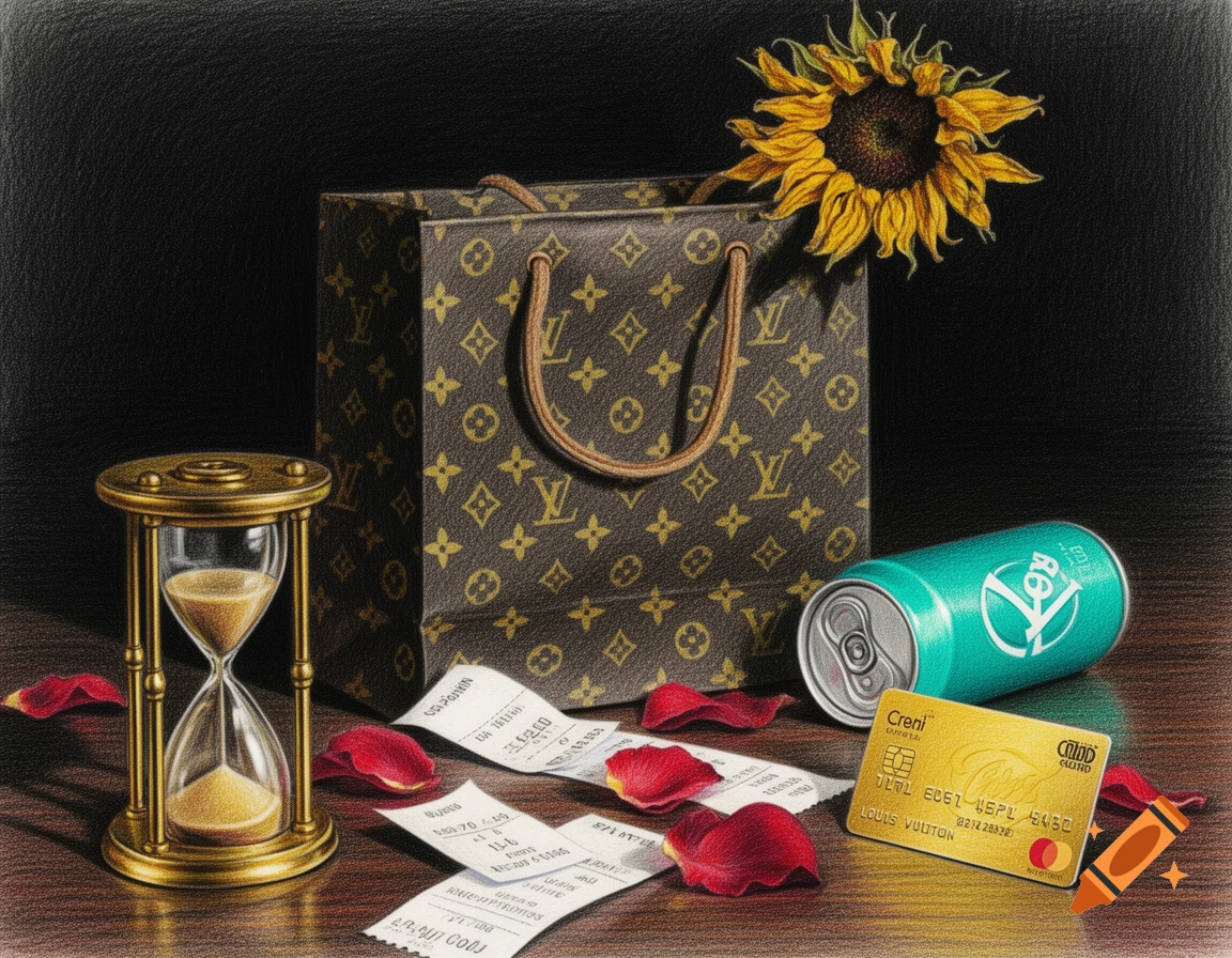 A still life colored pencil drawing featuring a Louis Vuitton shopping bag, a withered sunflower, a golden hourglass, scattered receipts, rose petals, a turquoise soda can, and a gold credit card on a dark wooden table.