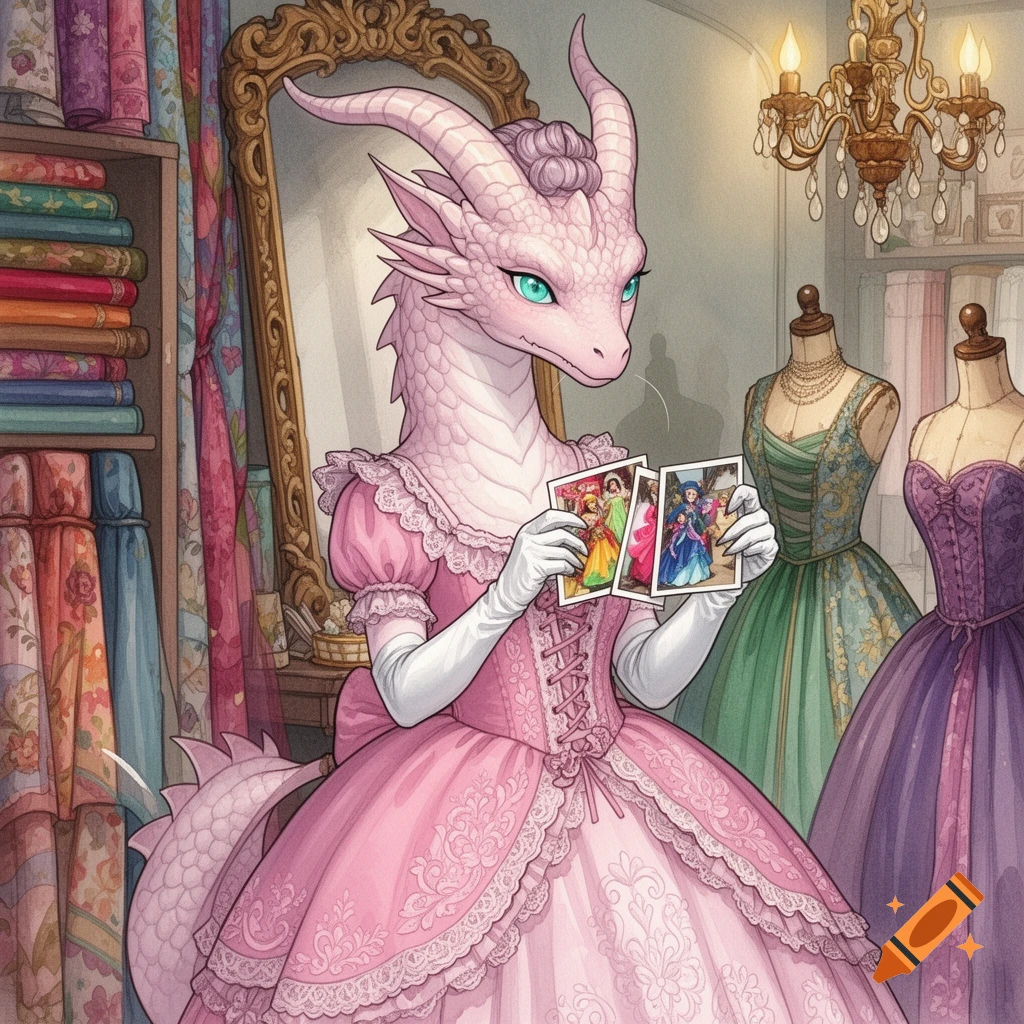 A pale pink anthropomorphic dragon in a pink Lolita dress and white gloves stands in a dressmaking studio, looking at photos.