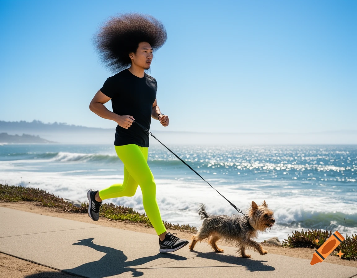 A man with an exaggerated afro and neon yellow leggings jogs with a Yorkshire terrier on a leash along a sunny California beach.