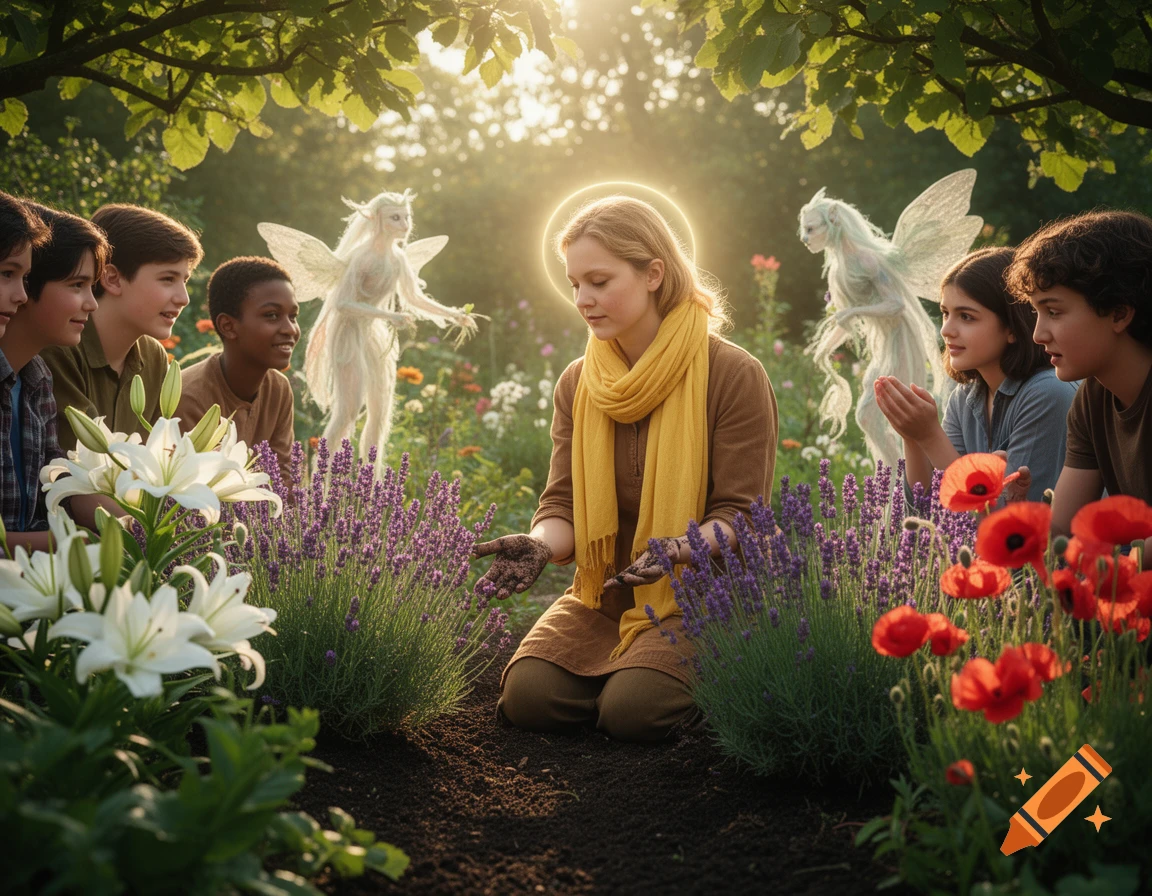A woman with a glowing halo kneels in a sunlit garden, teaching children and two ethereal fairies about plants. White lilies, purple lavender, and red poppies bloom around them.