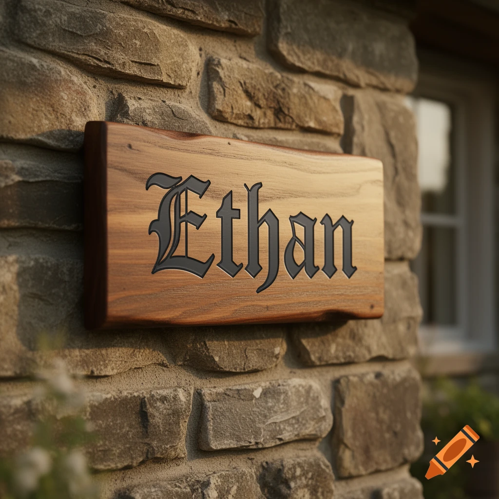 A wooden sign with the name 'Ethan' carved in an old English font, mounted on a stone wall.