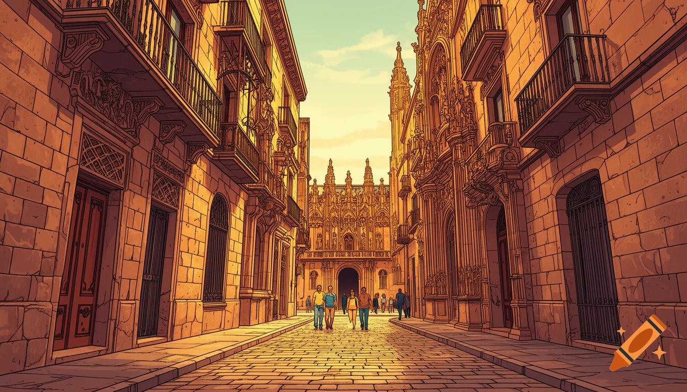 Comic book illustration of a narrow, sunlit cobblestone street in a European city, flanked by ornate stone buildings, leading to a grand architectural facade.