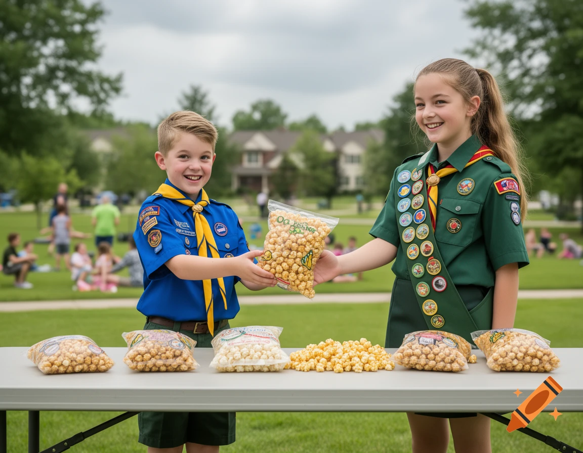 A smiling boy and girl in scout uniforms sell bags of popcorn at a table in a park, with other people in the background.