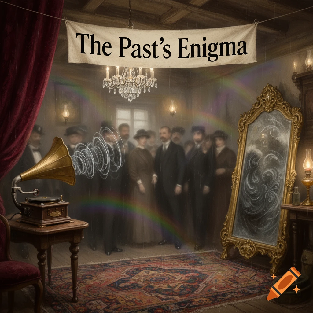 A vintage-style illustration of a gramophone emitting sound waves and a rainbow, with indistinct figures and a large ornate mirror in a dimly lit room, with a banner reading "The Past's Enigma".