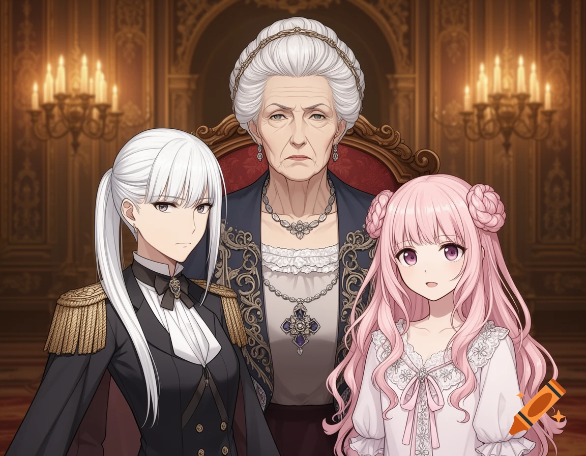 Anime style family portrait featuring a stern grey-haired grandmother, a cool white-haired granddaughter in a suit, and a sweet pink-haired granddaughter.