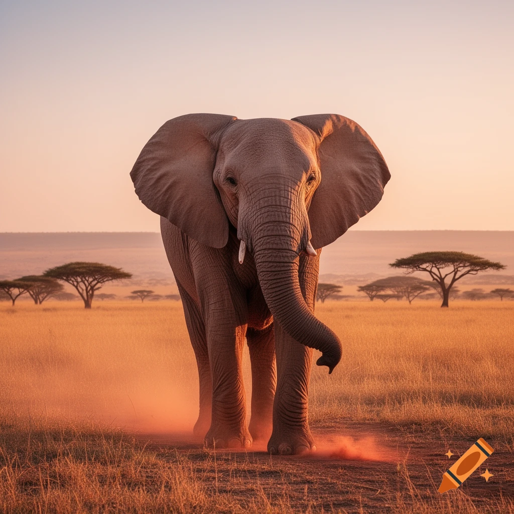 An African elephant with large ears and tusks walks towards the viewer across a dusty savanna at sunset.