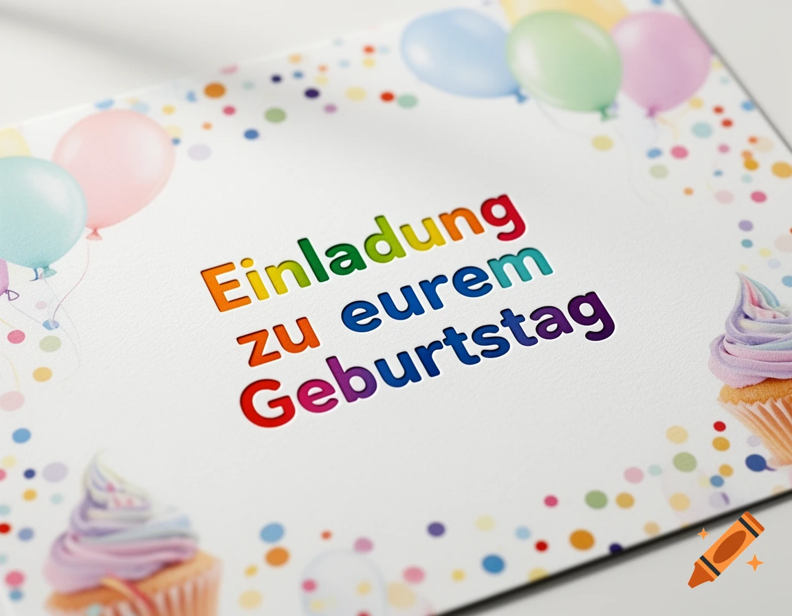 A vibrant birthday invitation card with colorful text 'Einladung zu eurem Geburtstag', balloons, cupcakes, and confetti.