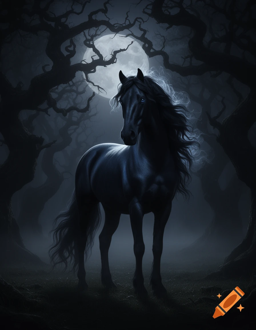 A majestic black horse with a flowing mane stands in a dark, misty forest under a full moon, in a fantasy art style.