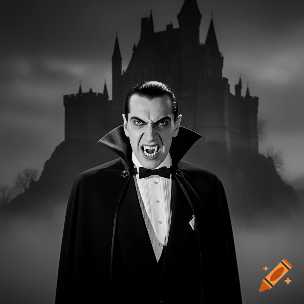 Monochromatic portrait of a vampire, Bela Lugosi as Dracula, with fangs visible and an intense expression, against a gothic castle backdrop.